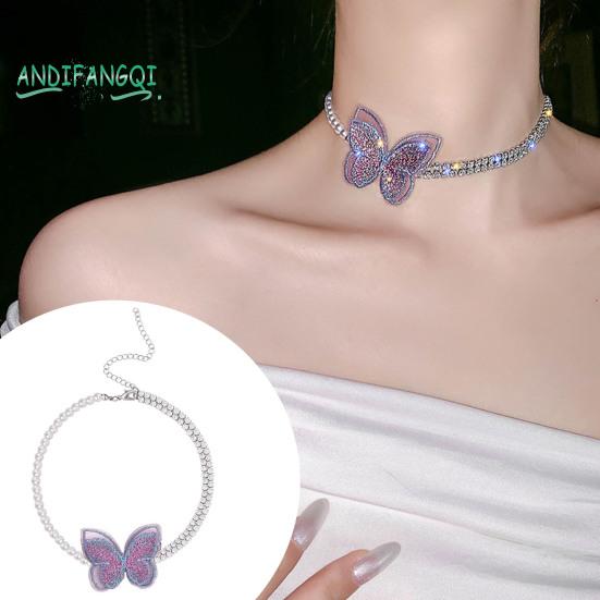 

Ожерелье-чокер со сверкающими стразами из искусственного жемчуга - регулируемая удлинительная цепочка, элегантный декор в виде бабочек