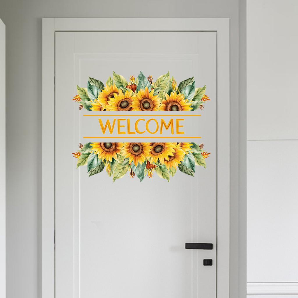 Sunflower Welcome Door Sticker, Self-Adhesive Floral Decal for Bedroom Bathroom Door Frame Decor