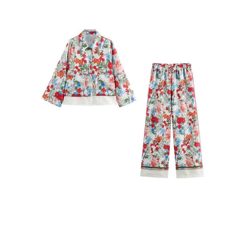 

Элегантный комплект из двух предметов с цветочным принтом, женские эстетические широкие брюки + топы с длинными рукавами, женские модные шикарные повседневные уличные костюмы S красный