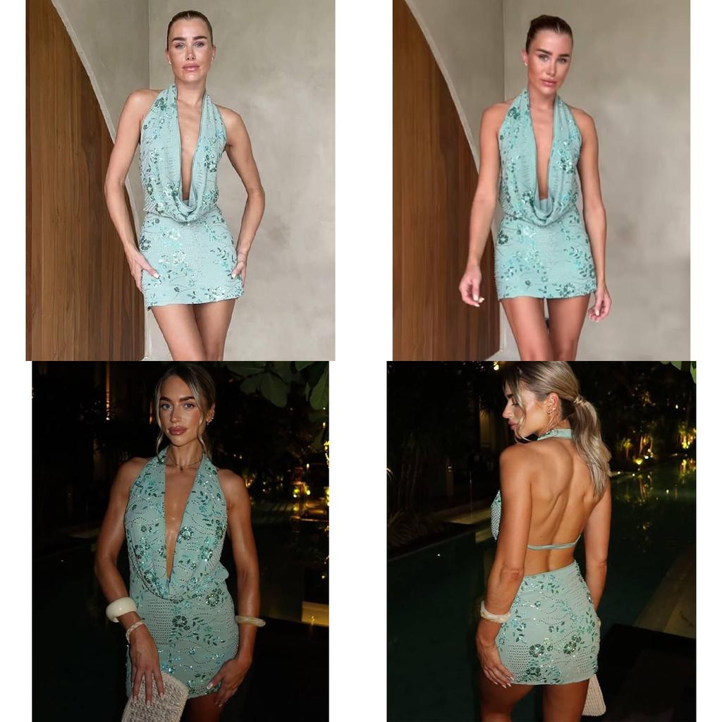 Abito Sexy Senza Maniche in Raso con Paillettes Scintillanti per Feste Estive