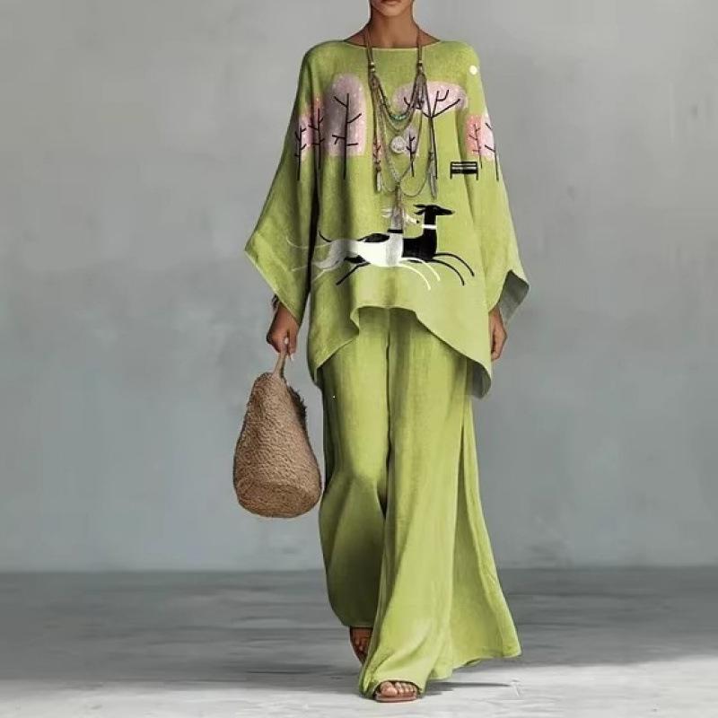 1116 New Retro Bohemian Cashew Flower Set, Crew Neck Flared Sleeve Top + Two Pieces of Wide-leg Pants.