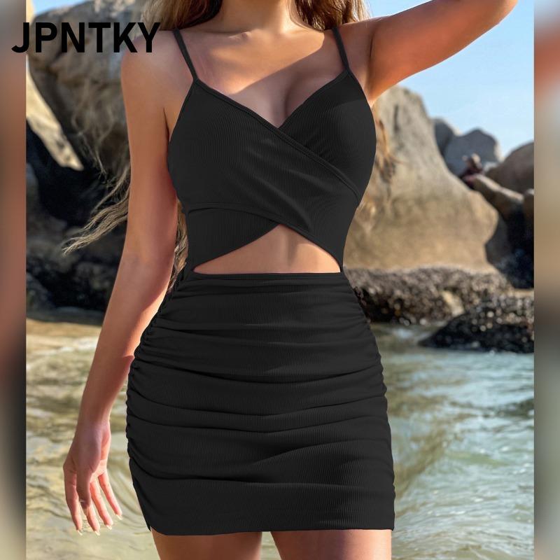 JPNTKY Women's Fashion Summer Spring Solid Color Print Sleeveless V-Neck Casual Dresses
