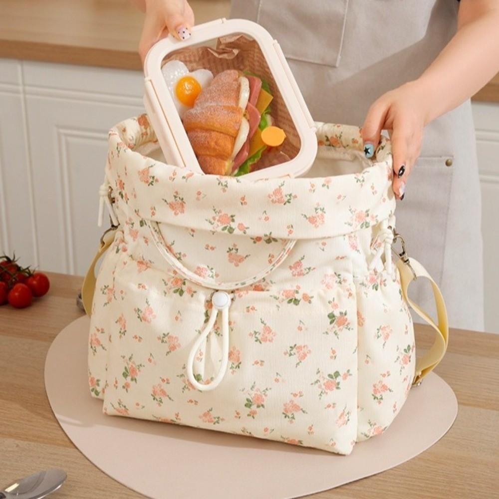 Large Capacity Drawstring Insulated Lunch Bag Floral Leopard Print Meal Container Bag  Picnic
