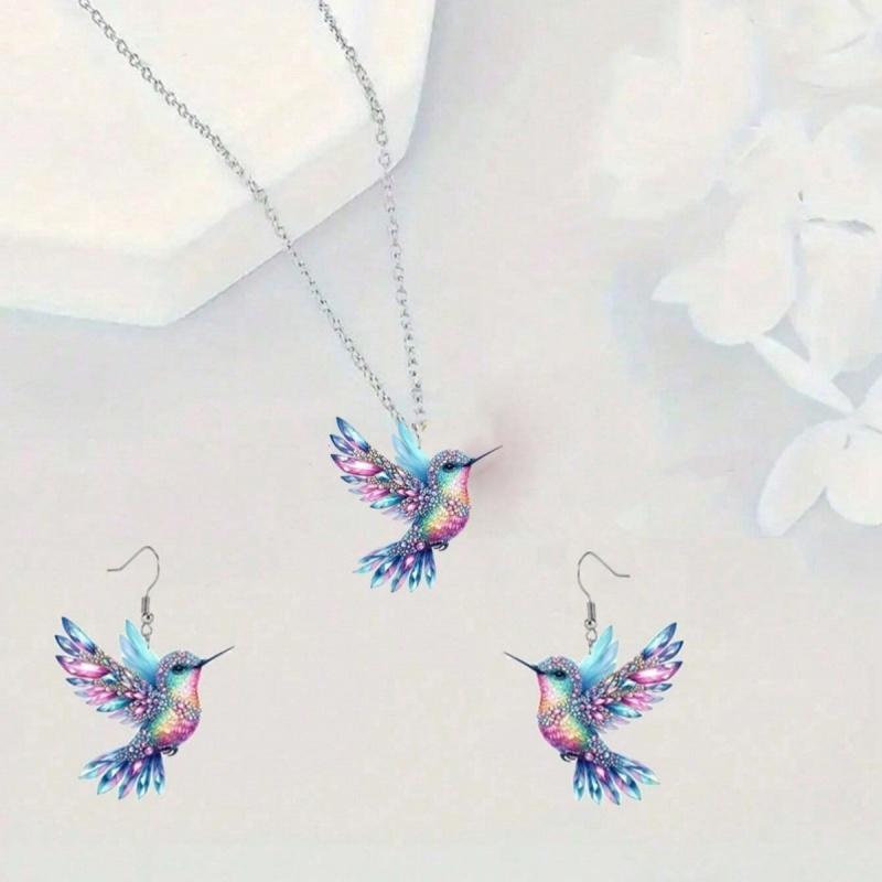 1 Set of Elegant and Stylish Acrylic Colorful Honey-sucking Bird Necklace Earrings Set with Multi-color Wing Design, Suitable Fo