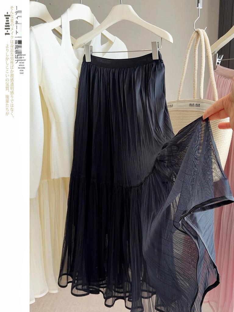 Women's Solid Color Pleated Mesh Half Skirt with Elastic Waist and Patchwork Design for Spring/Summer 2026