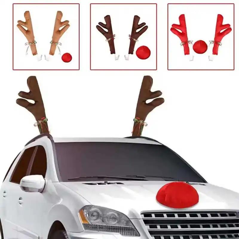 Christmas Car Decoration Antlers Red Nose Set Reindeer Decoration Vehicle Red Nose Elk Horn Decor Set Christmas Ornament New