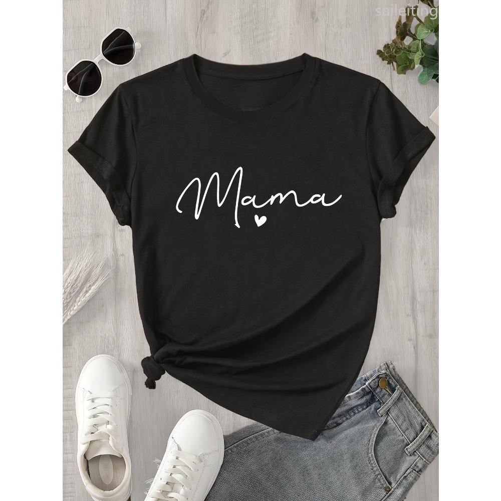 

Women s Mama & Heart Print Casual Short Sleeve T-Shirt Harajuku Sleeve Casual Women s Clothing Street Aesthetic Clothes XS