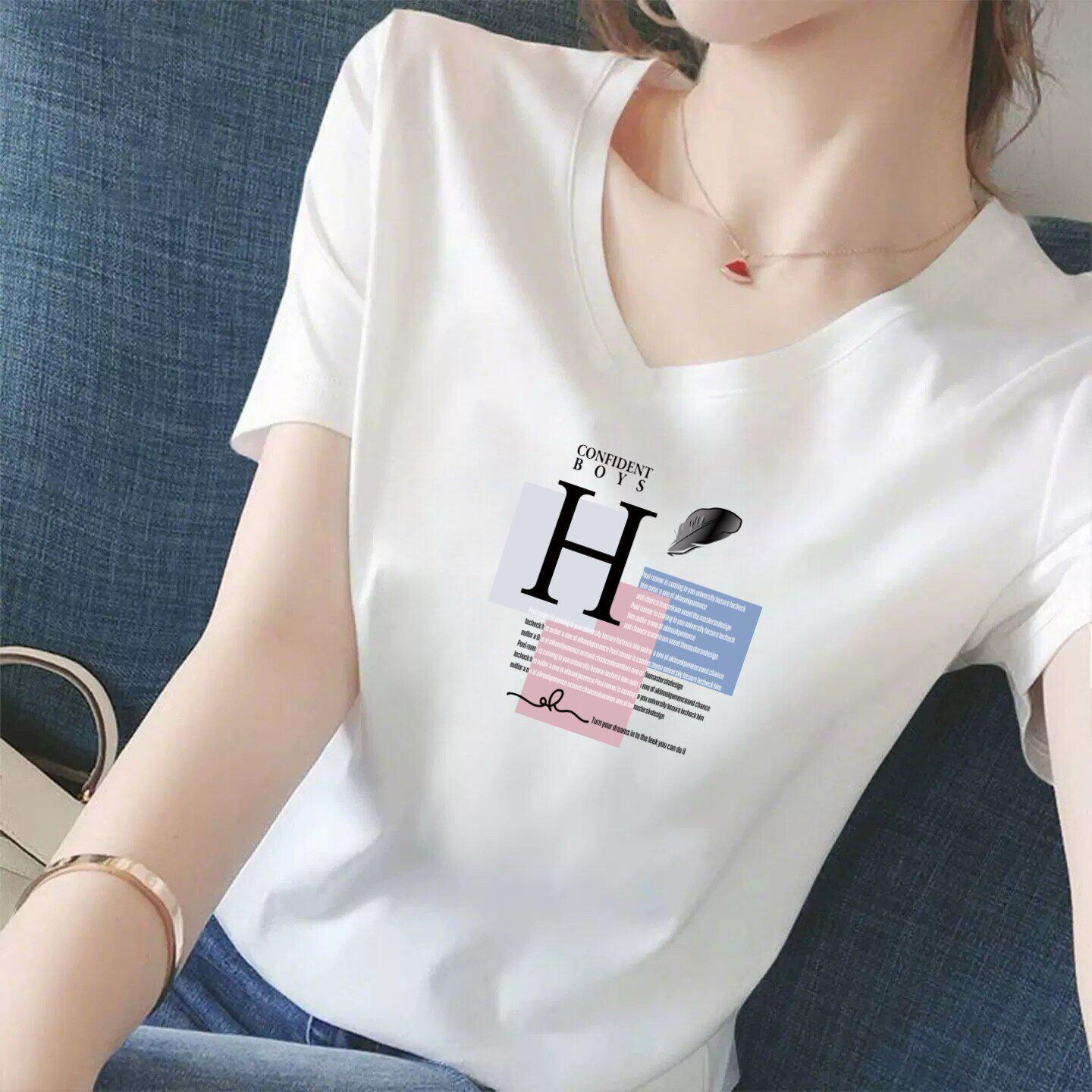 

Women’s Loose-Fit V-Neck Short-Sleeve Letter Print White T-Shirt XL