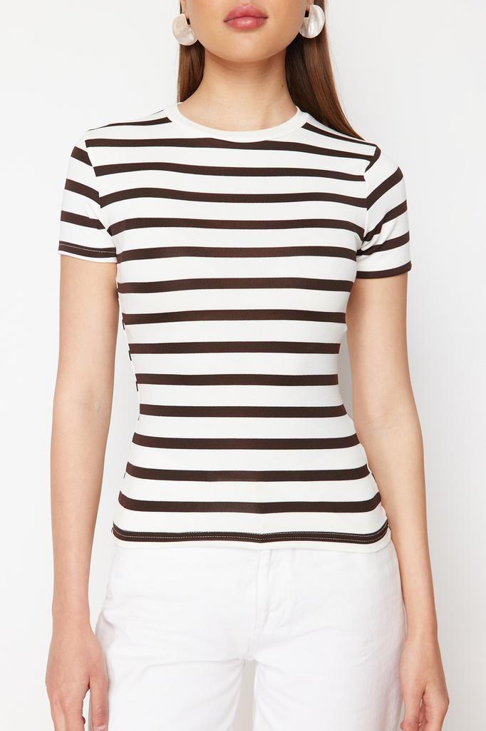 Women's Fashion New Blouse Brown Striped Viscose Soft Fabric Fitted Knitted Blouse