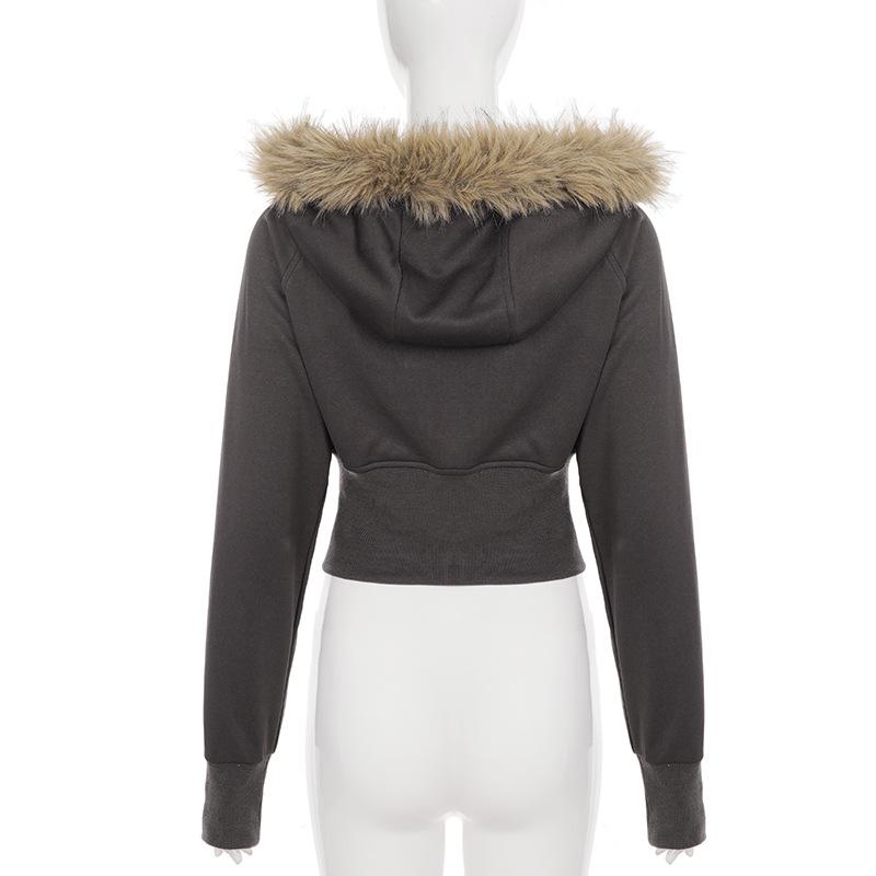 Retro American Street Style Slimming Hooded Zip-up Sweatshirt with Drawstring Waist
