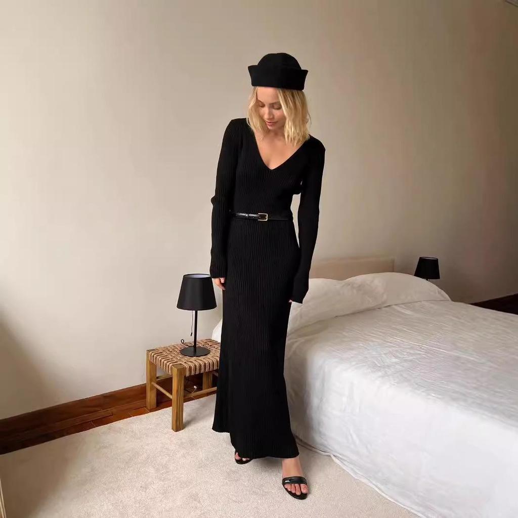 Long-sleeve V-neck Knitted Sweater Dress - 2024 Autumn/Winter European & American Style