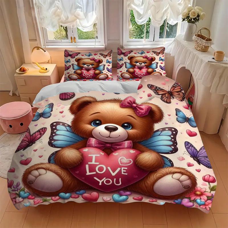3pcs Anime Teddy Bear 'I Love You' Bedding Set - Includes One Quilt Cover and Two Pillowcases (No Filling) - Polyester Fabric, Perfect for B