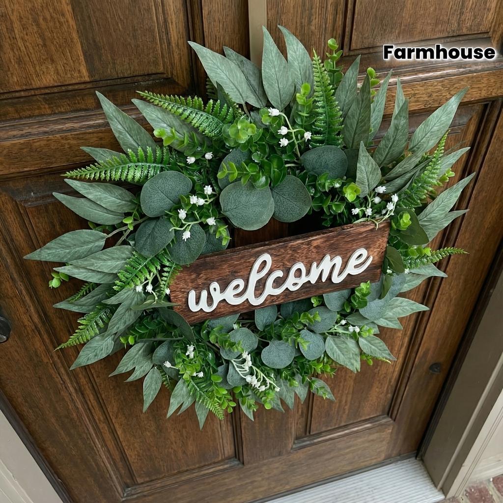 24 Inch Green Artificial Eucalyptus Wreath with Welcome Sign Spring Summer Wreath for Front Door Wall Window Farmhouse Festival