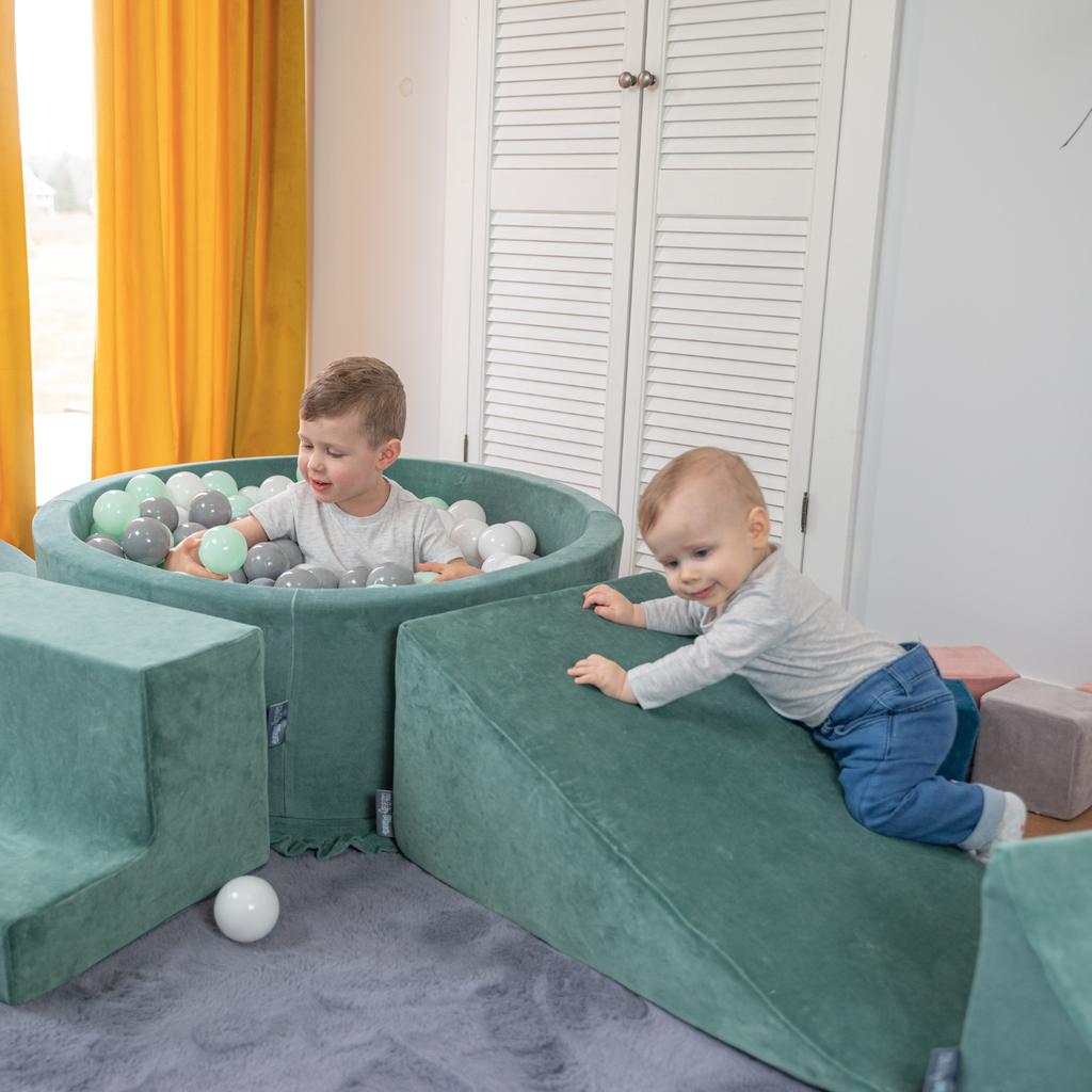 KiddyMoon Piankowy Plac Zabaw z Suchym Basenem i 200 Piłeczkami, Zdejmowane Pokrowce, Szary/Biały/Niebieski