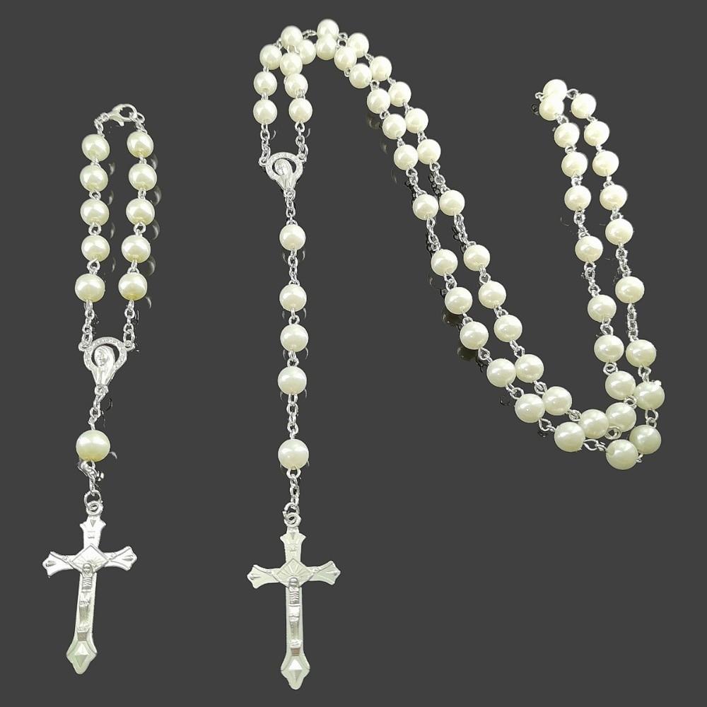 Imitation Pearl Religious Jewelry Set Sweater Chain Long Cross Pendant Necklace Devotional Vintage Style Christian Bracelet
