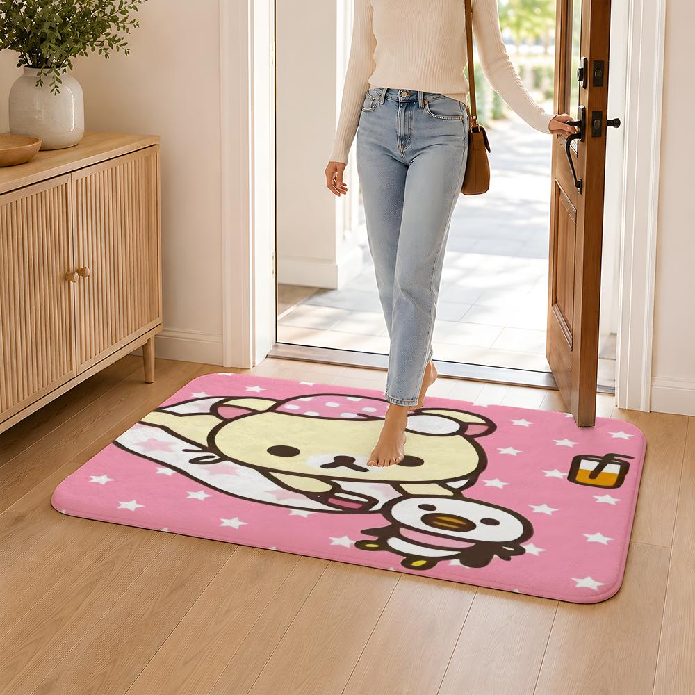 Cute Cartoon Rilakkuma Floor Mat Flannel Rug Non Slip Absorbent Soft Washable For Entryway Hallway Bathroom Kitchen Decor