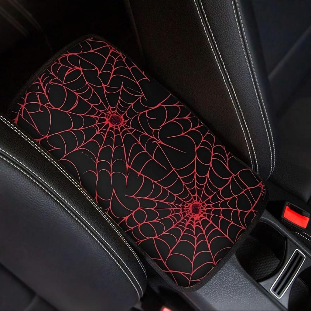 Dreaweet Stylish Spider Web Printed Black Car Center Console Armrest Cushion Cover Pad Soft Car Armrest Seat Box Cover Protector Auto Car Interior