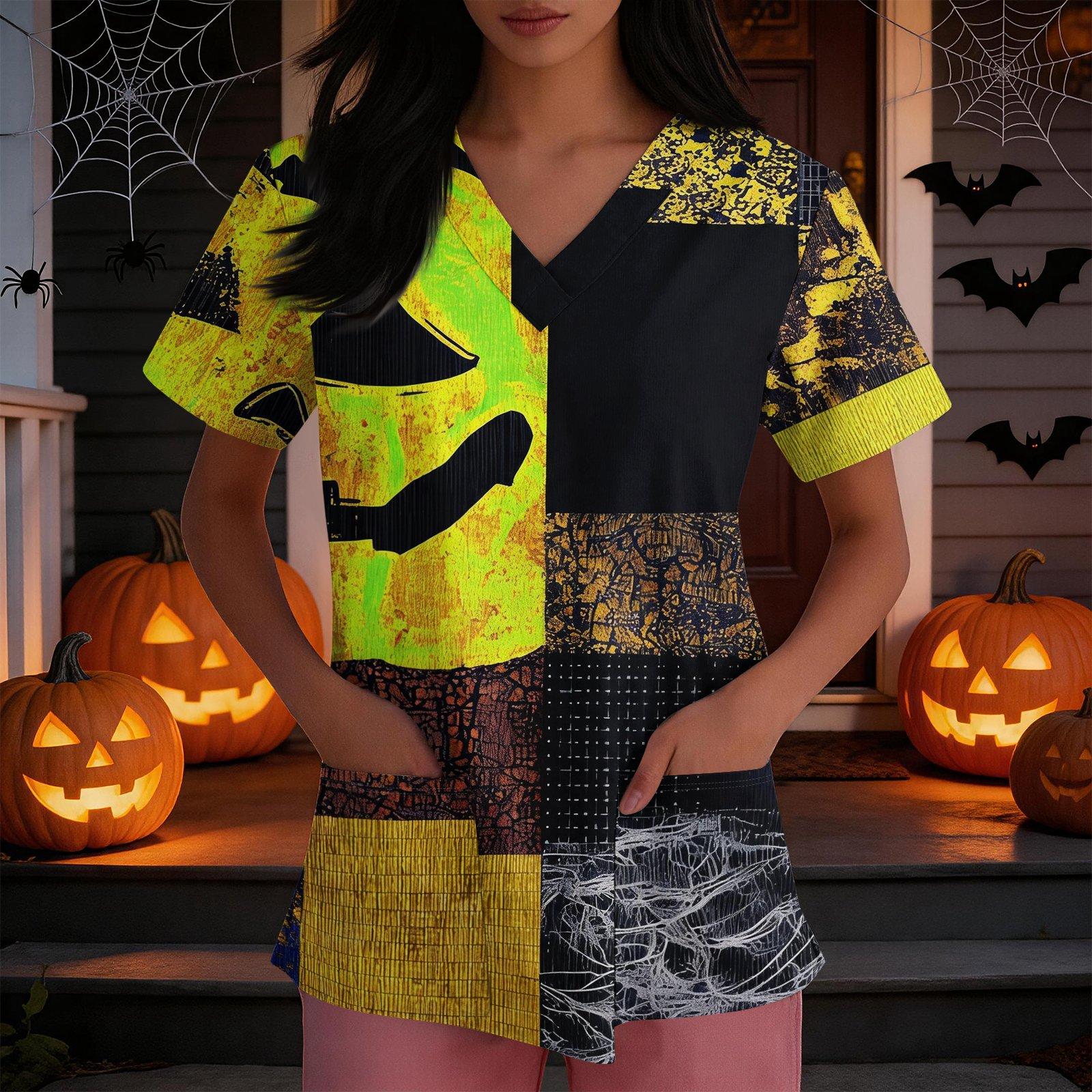 Women s Loose Fit Costume V-Neck Short Sleeve Side Slit Top with Halloween Print XL жёлтый