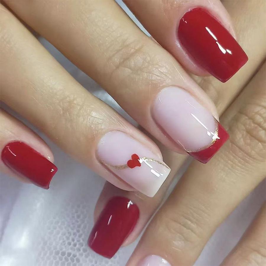 

Valentine s Day 2025 Burgundy Heart French Square Nails, Medium Length Glossy Finish, Set of 24 Pieces