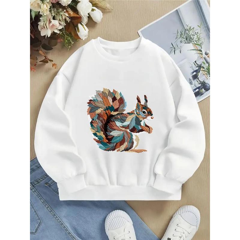 European Sizes Kids' Round-neck Hoodie - Leafy Squirrel Artistic Pattern Design , Sportswear And Casual Wear, Soft And Comfortable