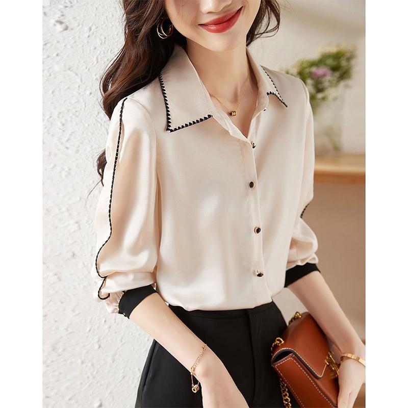 Spring Autumn Polo-neck Elegant Patchwork Shirt female Long Sleeve Cardigan Top Women Buttons Blouse