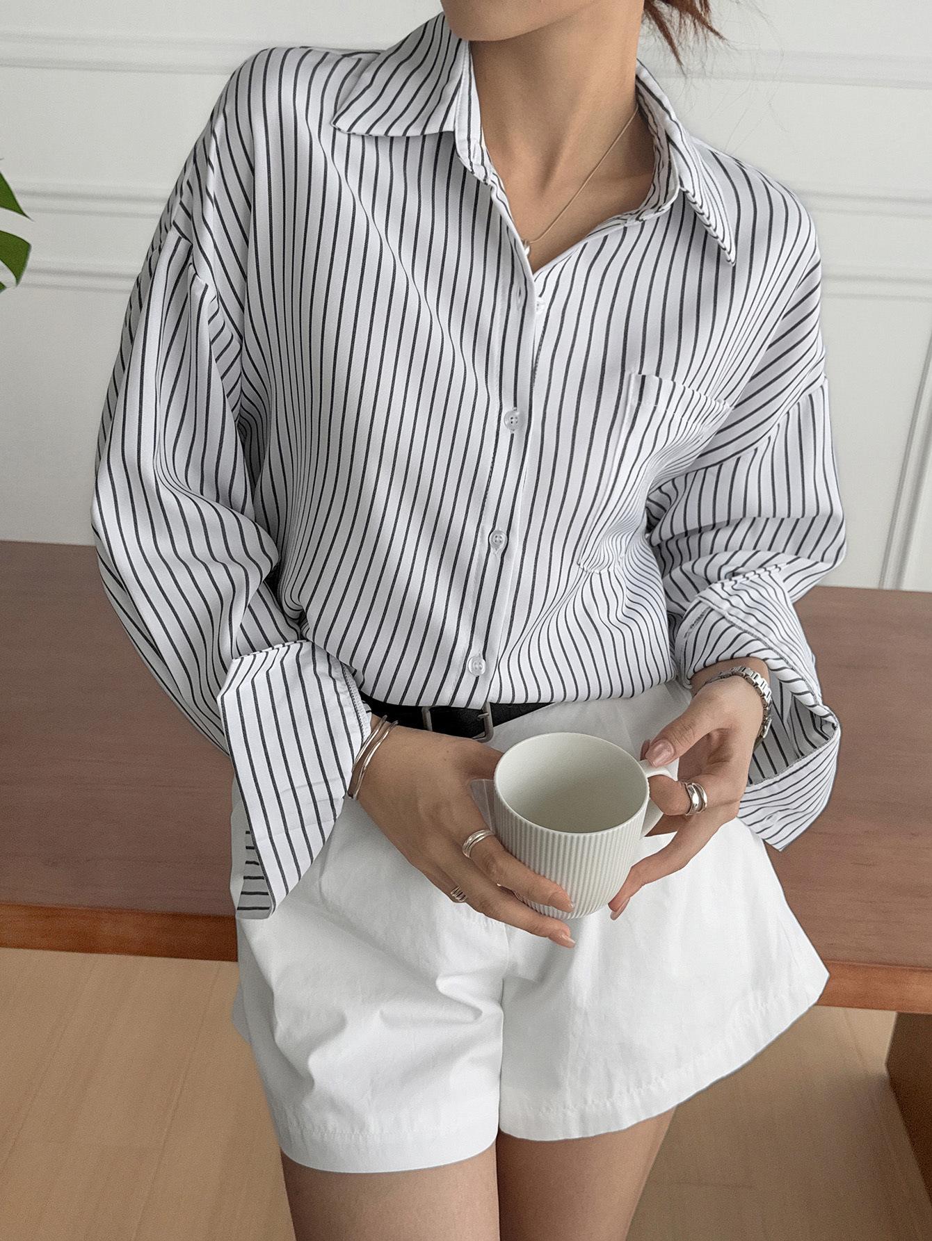 Women S Striped Long Sleeve Loose Fit Button Up Shirt S белый