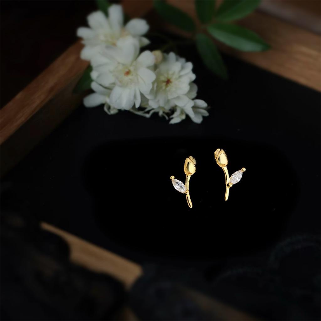 Tulp 925 Zilveren Oorknopjes, 14K Goud Verguld, Minimalistisch Ins Stijl