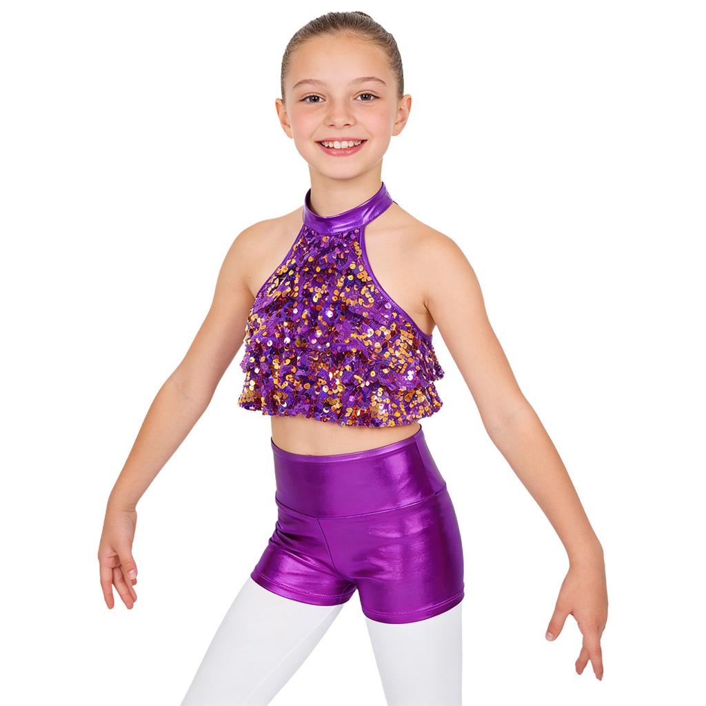 Top Corto da Bambina con Collo Alto Senza Maniche e Paillettes Pantaloncini Stratificati Lucidi Metallici Outfit per Danza sul Palco
