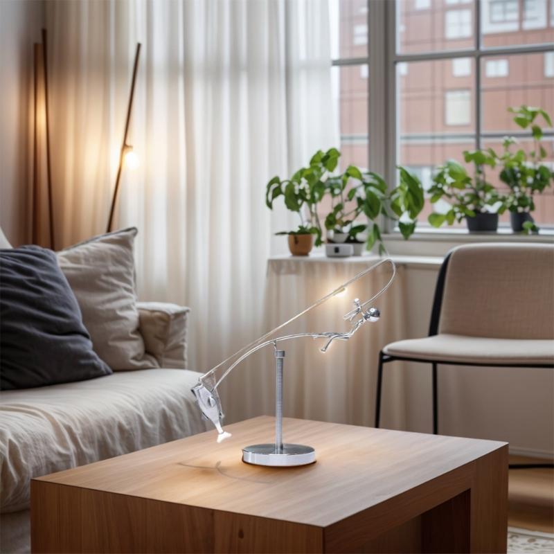 Kinetisk fiskeskulptur Balansekunst for ditt rom, Fisker Kinetisk balanserende skrivebordsleketøy Fysikkskulptur med fisketema