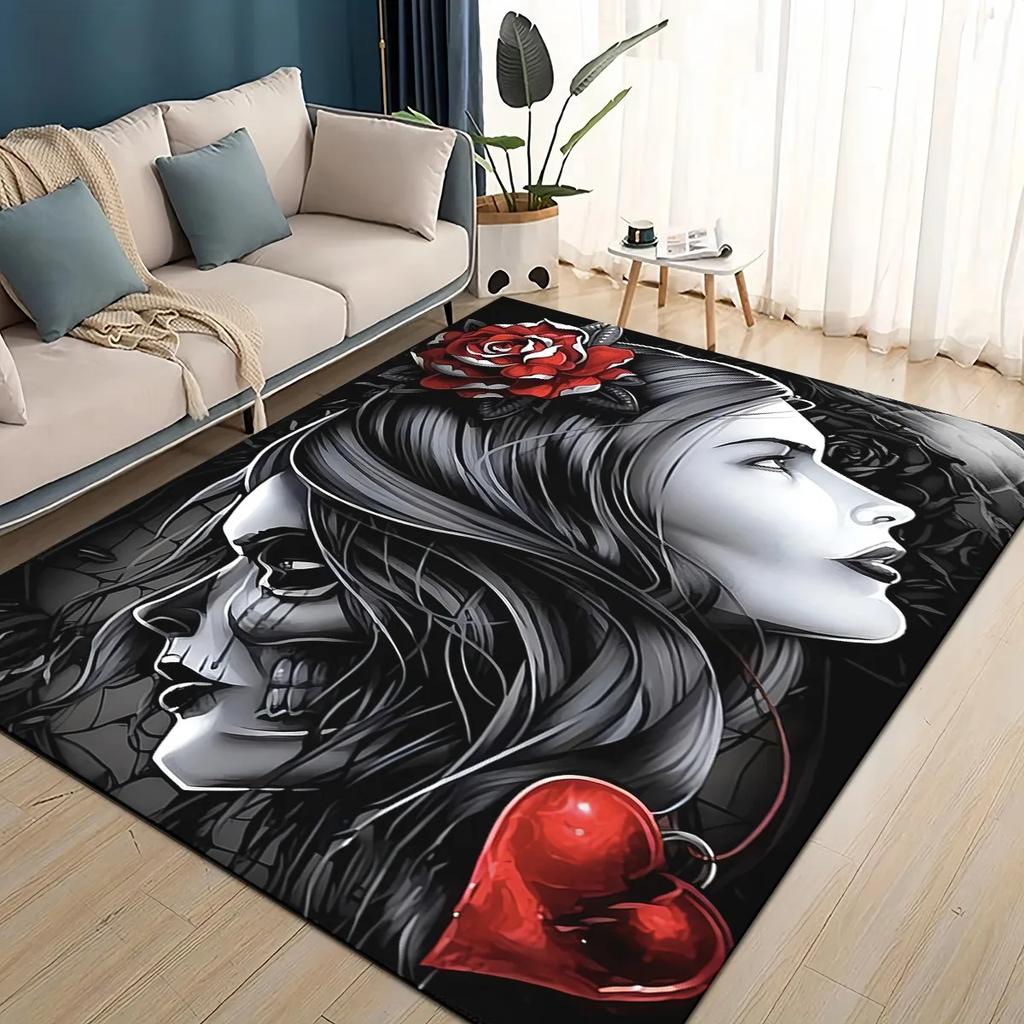 Covor Rug 3D Craniu Gotic Față Trandafir Femeie Desen Animat Groaznic pentru Sufragerie Dormitor Casă Decor Canapea, Covoraș de Podea Antiderapant pentru Copii