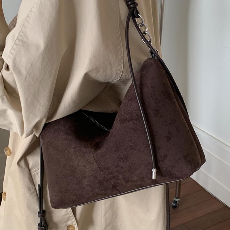 Retro Commuting Suede Shoulder Bag Women's Large Capacity Zipper Crossbody Pack Autumn Winter Trendy Square Khaki Handbags