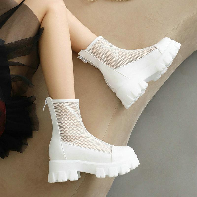 Women Ankle Boots Platform Chunky Heels Ladies Mesh Net Short Boots
