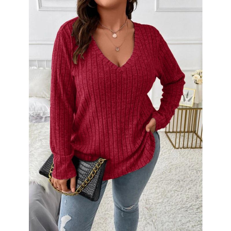 

New V Neck Long Sleeve Casual Plus Size Loose Blouse Solid Color Women Large Casual Office Fashion Elegant Long Sleeve Tos Pit Strip Tshirt Clothes 2XL бордовий
