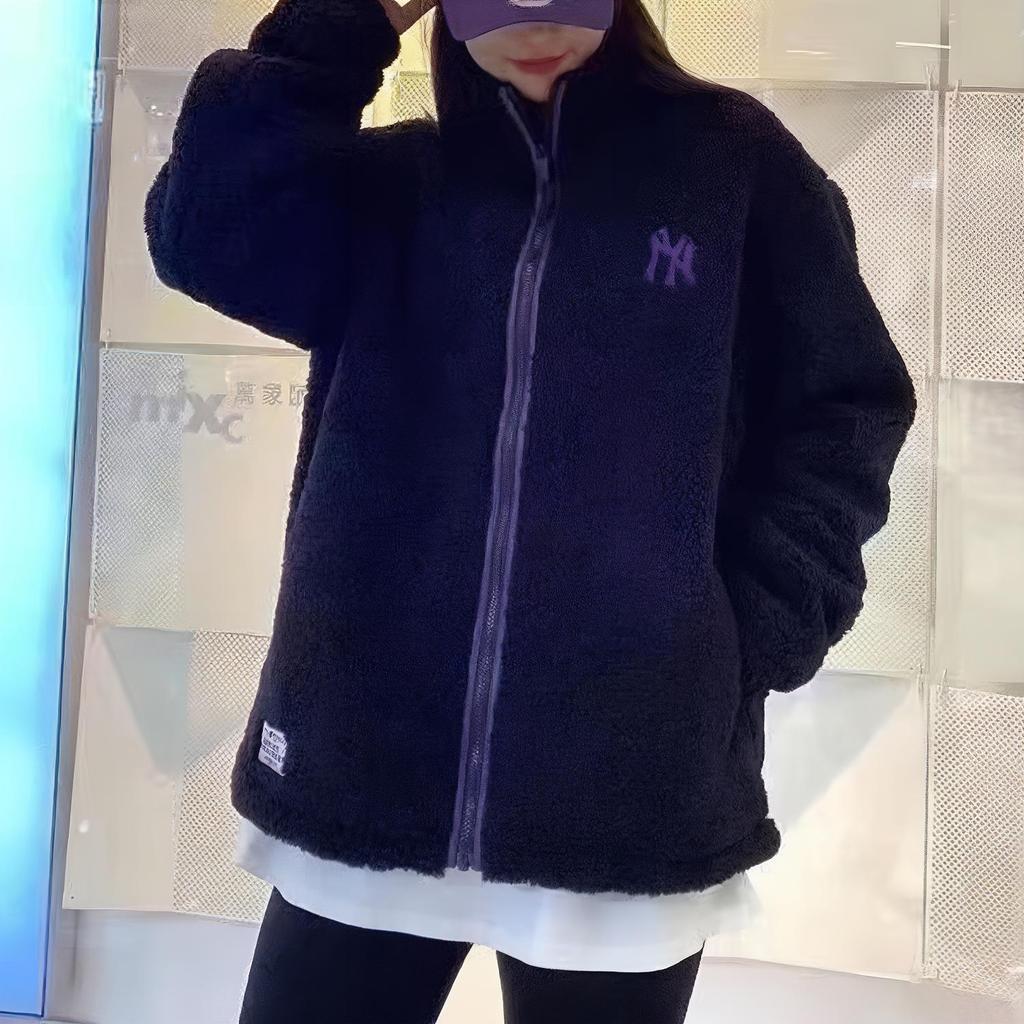 New Era Lamb Fleece Simple Color Block NY Embroidered Warm Stand Collar Jacket Unisex Jacket Black 12877416