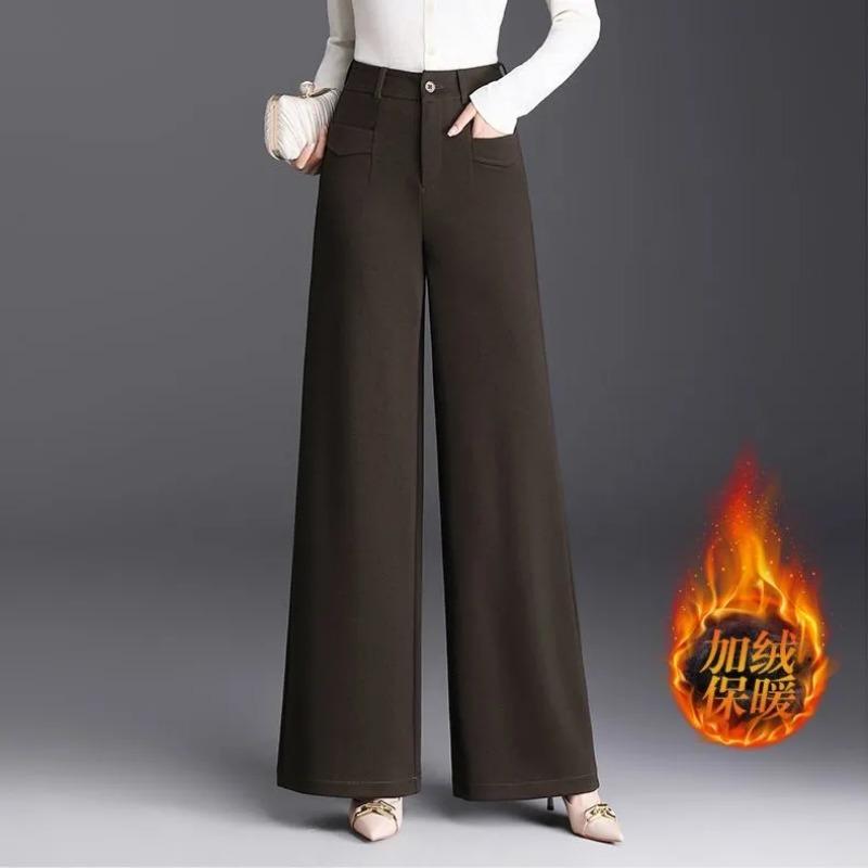Calças Femininas Pretas de Cintura Alta com Pernas Largas e Forro de Lã Calças Casuais Quentes