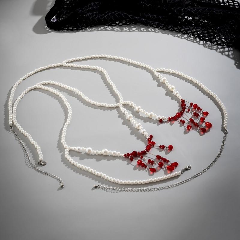 Gothic Blood-Stained Imitation Pearls Foot Ornament Novel Halloween Blood Drop Tassels Body Waist Chain for Women Girls