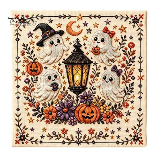 Kompletní balíček pro jehlovou práci Halloweenská výšivka, DIY sada stehů pro dospělé, Roztomilá čarodějnice, Světlý dýně, Duch, Černá kočka Vzor na stěnu