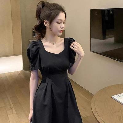 Rochie neagră cu guler pătrat, franceză europeană, cu mâneci bufante - Rochie de vară slim fit pentru femei
