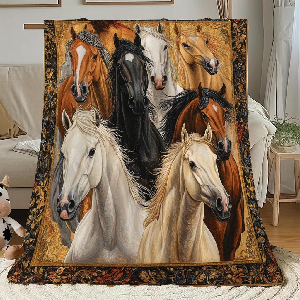 Flannel Throw Blanket Majestic Horse Collage Print Soft Warm Naptime Blankets All Season For Sofa Bed Home Decor Ideal Gift