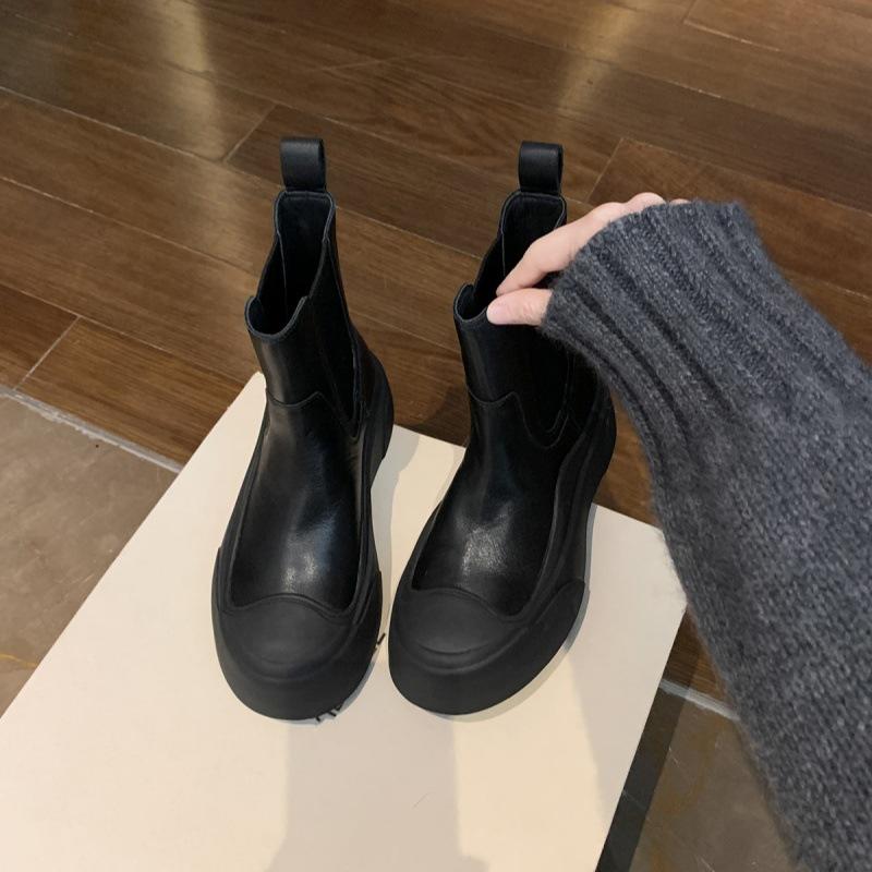 Soft cowhide~ Leather thick-soled Chelsea short boots for women's autumn and winter new one-pedal cigarette holder Martin boots Skinny boots
