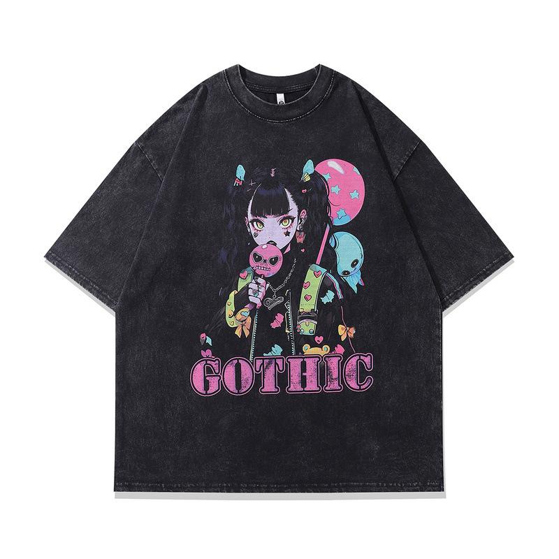 Tide Brand Two-Dimensional Dark Wind Printing Short-Sleeved T-Shirt For Men And Women Trend Washing Old Couples