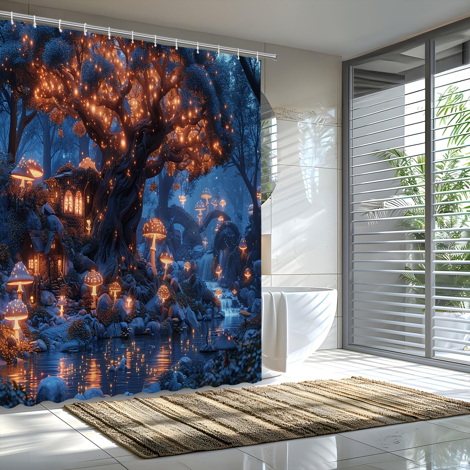 Pandara Jewelry Enchanted Forest Shower Curtain - Magical Tree & Glowing Mushrooms Theme For Bathroom Decor, Adds Mystical And Dreamy Atmosphere