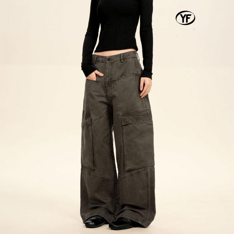 Men Women Vintage Cargo Pants Loose Fit Wide Leg Streetwear Casual Trousers
