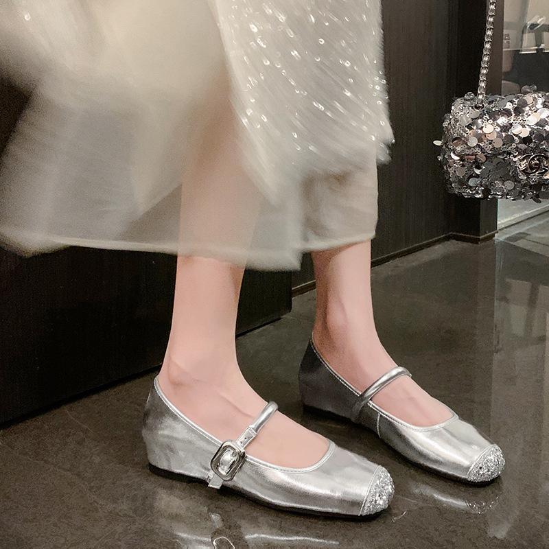 

Sheepskin version French rhinestone silver single shoes women s super soft ballet shoes soft sole one-word with inner height increase light mouth sing 40