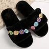 Fashion Flower Embroidery Plush Slippers Women Soft Black Faux Fur House Cotton Slides Woman Indoor Non Slip Flat Heel Fur Slippers Lady