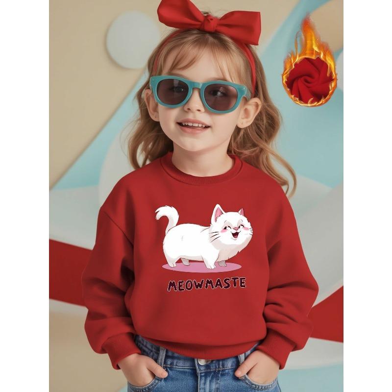 MEOWMASTE Girls' Cute Cat & Meow Print Sweatshirt - Red with White Paw Design, Cozy Round Neck Long Sleeve Pullover
