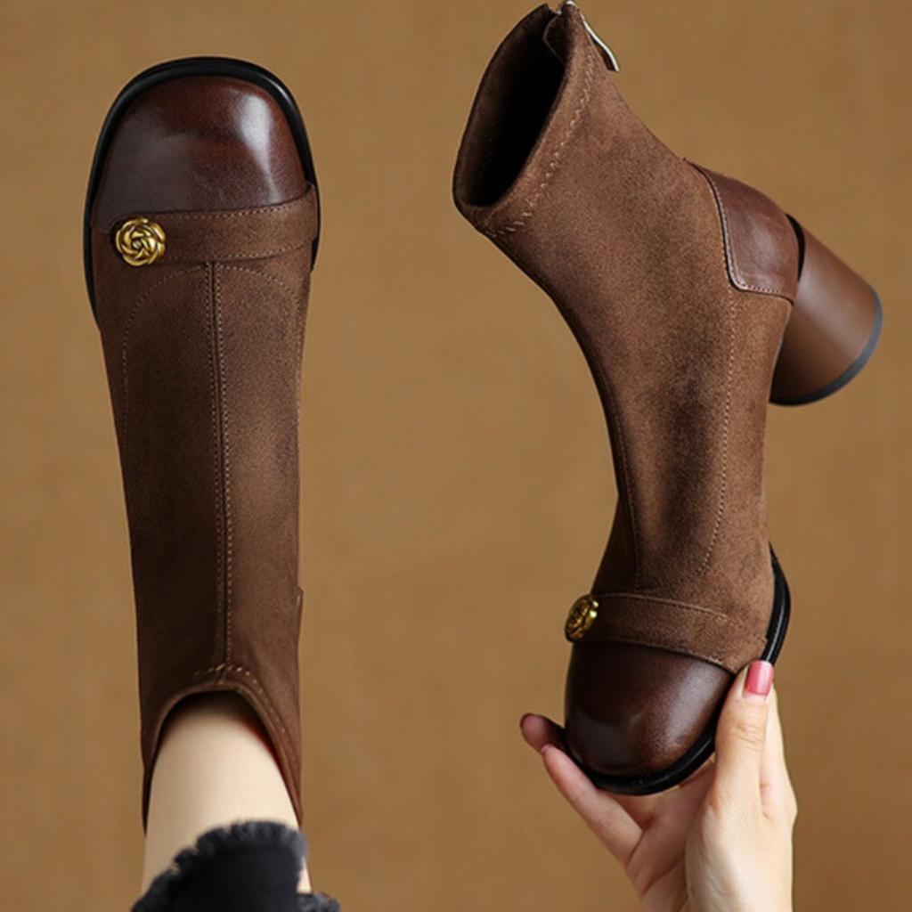 French retro splicing elastic thin boots women's autumn and winter new camellia round head thick heel short boots high heel Martin boots