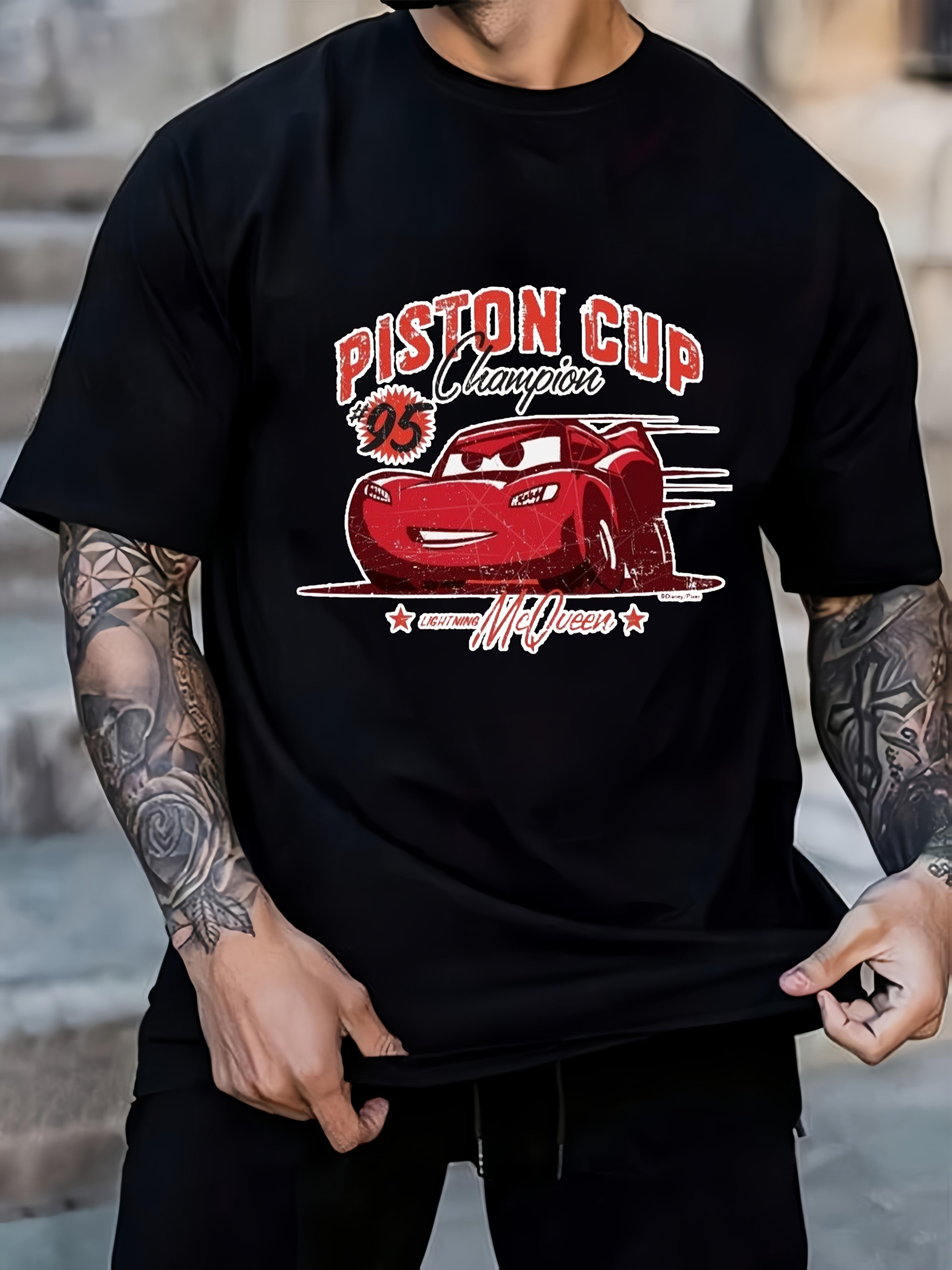 Disney Cars Lightning McQueen Piston Cup Champions Graphic T-shirt - Black Breathable Summer Tee with Red Race Car Design XXL
