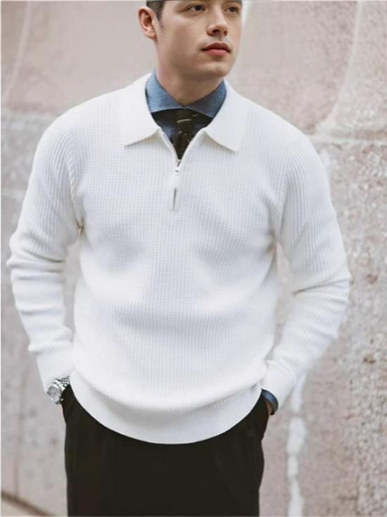 Men's British Style Slim Fit Half-Zip Pullover Sweater - High Neck, Lightly Mature, Gentlemanly Simple Knitwear for Spring and Autumn.