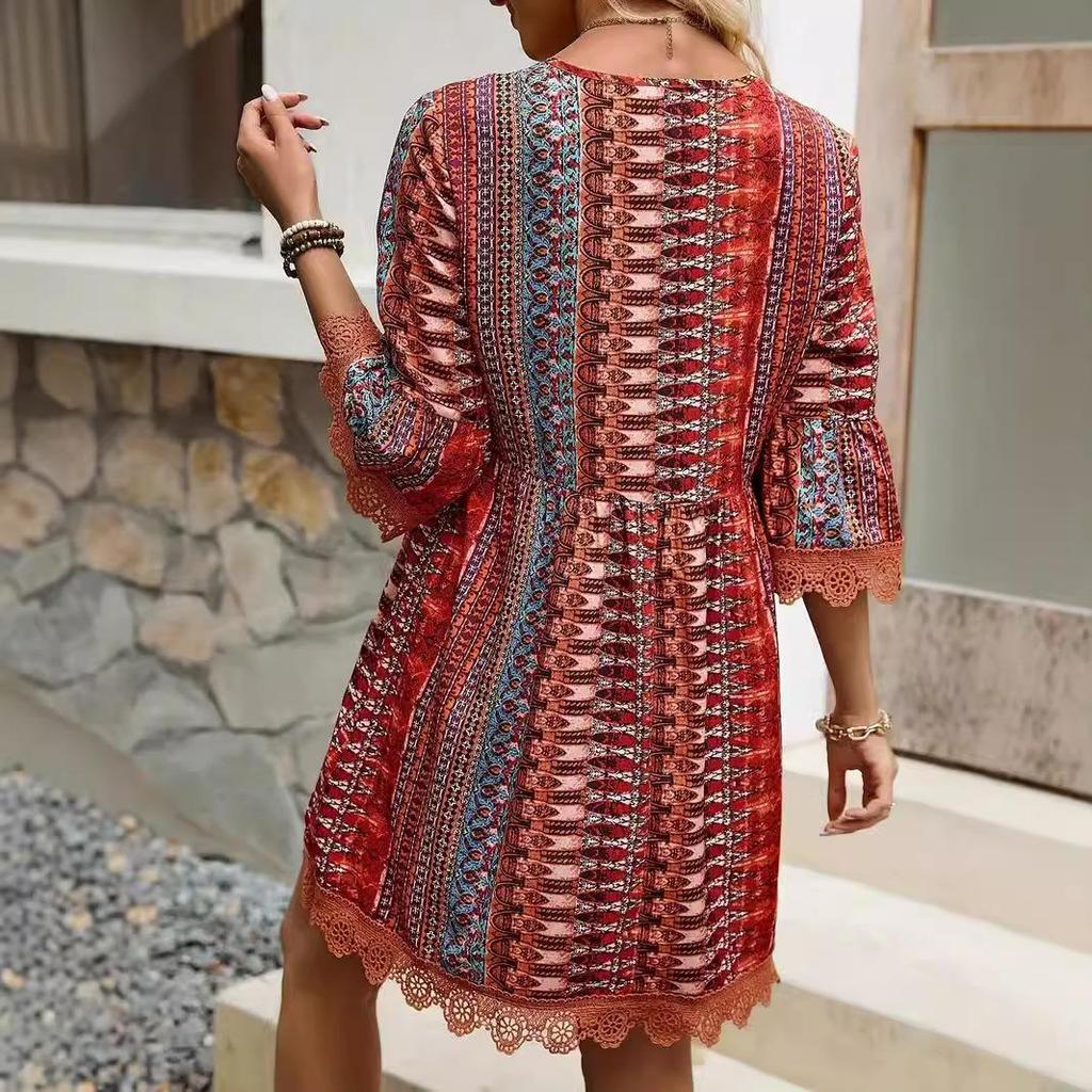 Abito con stampa vintage da donna, alla moda, stile boho, sexy, con scollo a V, a maniche lunghe, ampio, per le donne, abiti estivi per le vacanze, vestiti da donna, nuovi
